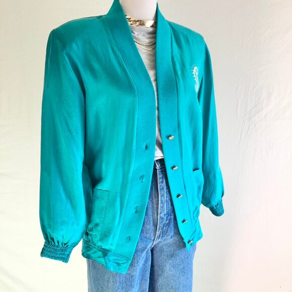 Vintage 80s Sail Away Royal Cruise Line Silk Blazer Turquoise Nautical Size S - Picture 3 of 11
